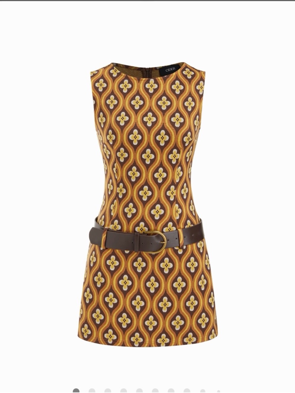 Cider Geo-Print Sleeveless Mini Dress in Mustard and Brown